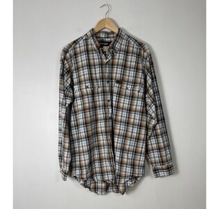 Workwear Wrangler Riggs Mens Large Flannel Shirt Brown Blue Plaid Button Down